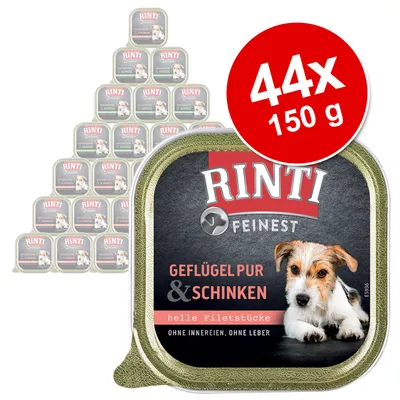 44 упаковки по 150 г Rinti Finest Geflügel pur & Schinken, надпись: helle Filetstücke, ohne Innereien, ohne Leber. На упаковке изображён пёс.