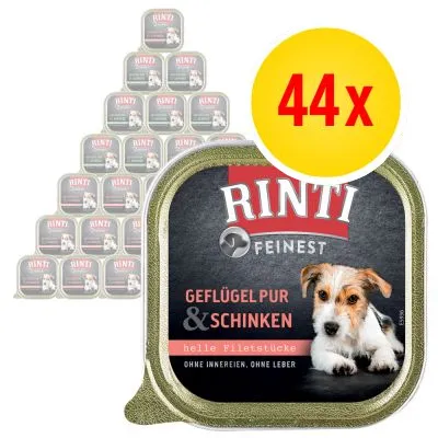 RINTI Finest Geflügel pur & Schinken, 44x portionsförpackningar. Text: helle Filetstücke, ohne Innereien, ohne Leber. Bild på förpackning med hundmotiv.