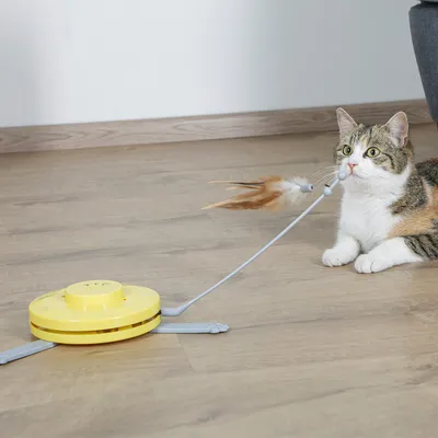 Yellow interactive cat toy with feather attachment, cat playing on wooden floor.