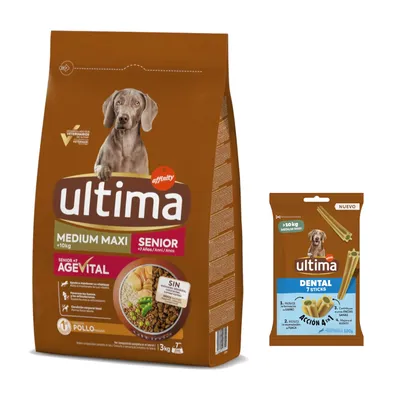 Ultima granule + 180 g Sticks Medium / Maxi zdarma - Medium / Maxi Senior s kuřecím 3 kg + Sticks Medium / Maxi 180 g