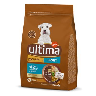 Ultima Light hrană pentru câini mici sub 10 kg, cu pui, orez și legume. Fără coloranți sau conservanți artificiali. Ambalaj: 1,5 kg.