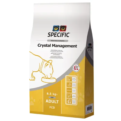 Hrană uscată pentru pisici adulte, Specific Crystal Management FCD, 8,5 kg. Text vizibil: Veterinary exclusive, 8.5 kg, CAT ADULT FCD. Ambalaj cu pictogramă pisică.