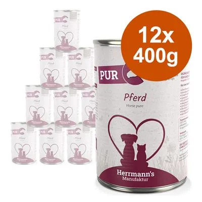Herrmann's Manufaktur PUR Pferd natvoer, 12 blikken à 400g. Paars etiket met hond en kat silhouet, tekst 'Horse pure' zichtbaar.