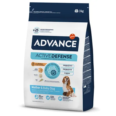 Advance Active Defense Mother & Baby Dog, 3 kg. Avec poulet, prébiotiques, probiotiques, fibres. Pour gestation, lactation et chiots 3 semaines–2 mois. Marque Affinity visible.