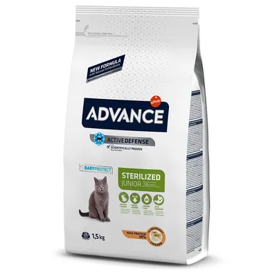 Advance Active Defense Sterilized Junior 24 meses, BabyProtect Formula, proteína alta 39 %, pollo, 1,5 kg. Imagen de gato y símbolos de digestión fácil, control de peso y pH.