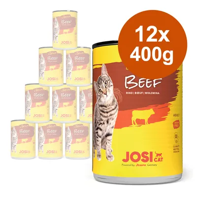 Lot de 12 boîtes JosiCat Beef 400g, pâtée pour chat adulte, bœuf, sans céréales, image d’un chat et silhouette de vache sur l’emballage, mention climate neutral production.