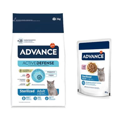 Advance 3 kg pienso + 12 x 85 g comida húmeda ¡con descuento! Sterilized Adult con pavo (3 kg) + Sterilized con pavo (12 x 85 g)