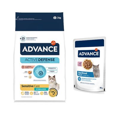 Advance 3 kg pienso + 12 x 85 g comida húmeda ¡con descuento! Sterilized Sensitive Adult con salmón (3 kg) + Sterilized con pavo (12 x 85 g)