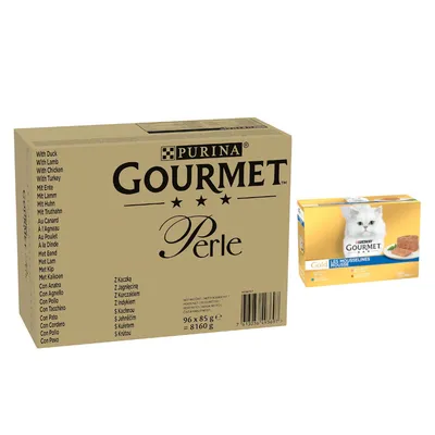 Gourmet Perle w sosie: 96 x 85 g Megapakiet + karma mokra, 24 x 85 g gratis! - Kaczka, jagnięcina, kurczak, indyk w sosie + Gold Feine Pastete: pakiet mieszany mięsno-rybny (królik, kurczak, łosoś, nerki) Gourmet Perle w sosie: 96 x 85 g Megapakiet + karma mokra, 24 x 85 g gratis! - Kaczka, jagnięcina, kurczak, indyk w sosie + Gold Feine Pastete: pakiet mieszany mięsno-rybny (królik, kurczak, łosoś, nerki)