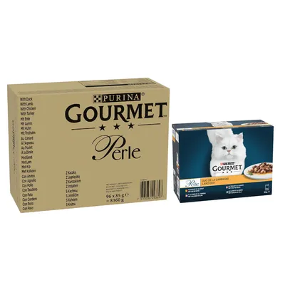 Gourmet mokra mačja hrana 96 x 85 g + mokra hrana 24 x 85 g gratis! - Perle Raca, jagnje, piščanec, puran v omaki 96 x 85 g  + Perle mešan izbor Mesni izbor 24 x 85 g 