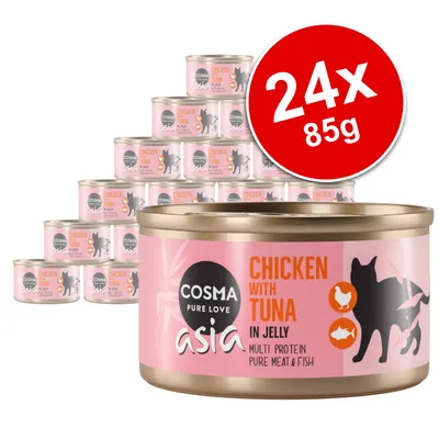 Cosma Asia Chicken with Tuna in Jelly, multi protein pure meat & fish, 24x85g tins shown. Pink label with cat silhouette and icons for chicken and fish.