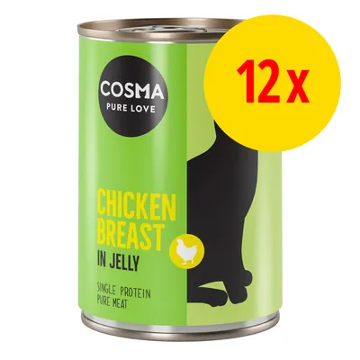 COSMA Pure Love Chicken Breast in Jelly -kissanruoka, 12 x. Tekstit: SINGLE PROTEIN PURE MEAT. Vihreä purkki, musta kissan siluetti, keltainen ympyrä ja kanaikoni.