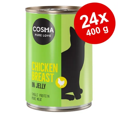 COSMA PURE LOVE Chicken Breast in Jelly, Single Protein Pure Meat, 24 x 400 g. Kissaruoan säilyketölkki, etiketissä musta kissasiluetti ja kanaikoni.