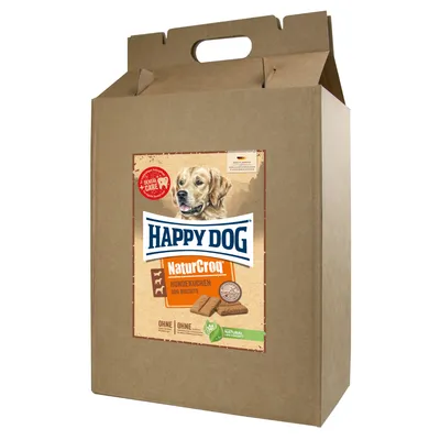 Förpackning med Happy Dog NaturCroq Hundekuchen Dog Biscuits. Bild på hund, text: Dental Care, Natural Life Concept, OHNE. Synliga kex på etiketten.