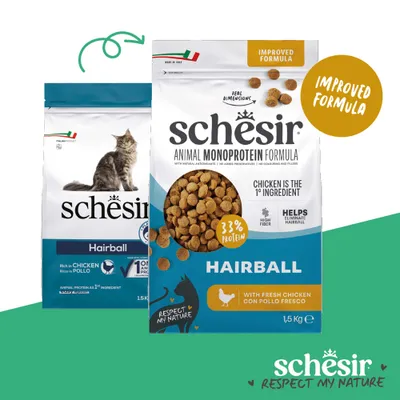 Schesir Animal Monoprotein Formula Hairball, továbbfejlesztett receptúra, 33% fehérje, friss csirkével, 1,5 kg, magas rosttartalom, segít a szőrlabdák ellen, Olaszországban készült. Schesir Animal Monoprotein Formula Hairball, továbbfejlesztett receptúra, 33% fehérje, friss csirkével, 1,5 kg, magas rosttartalom, segít a szőrlabdák ellen, Olaszországban készült.