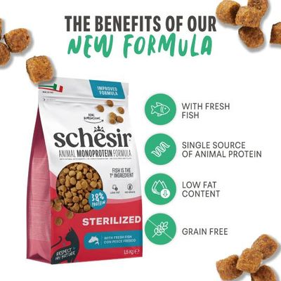 Schesir Animal Monoprotein Formula Sterilized med färsk fisk, 38 % protein, en enda animalisk proteinkälla, låg fetthalt, spannmålsfri. Fördelar med den nya formulan.