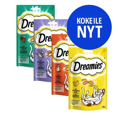 Dreamies kissanherkut, neljä erilaista 60 g pussia: kalkkuna, ankka, kana ja juusto. Sininen ympyrä, jossa teksti 'KOKEILE NYT'. Dreamies kissanherkut, neljä erilaista 60 g pussia: kalkkuna, ankka, kana ja juusto. Sininen ympyrä, jossa teksti 'KOKEILE NYT'.