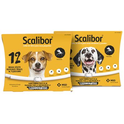 Scalibor collar, 48 cm para razas pequeñas y 65 cm para razas medianas y grandes. Protección contra mosquitos, garrapatas y pulgas. Eficaz hasta 12 meses. MSD Animal Health.