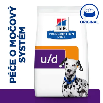 Hill's Prescription Diet u/d, nápis Péče o močový systém, pes dalmatin, symbol misky s textem ORIGINAL