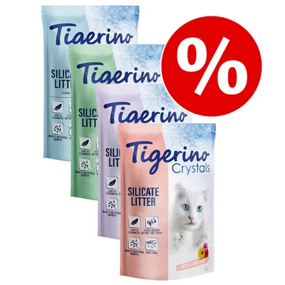 Tiarino en Tigerino Crystals Silicate Litter kattenbakvulling, voordeelverpakking met verschillende varianten, zichtbaar: 5 l, pictogrammen voor licht, geurcontrole, stofvrij.