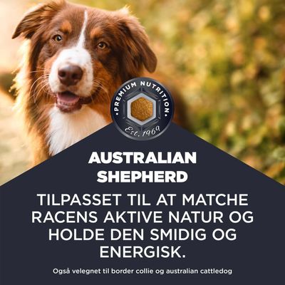Premium Nutrition Est. 1969. Australian Shepherd. Tilpasset racens aktive natur, holder den smidig og energisk. Også velegnet til Border Collie og Australian Cattledog.