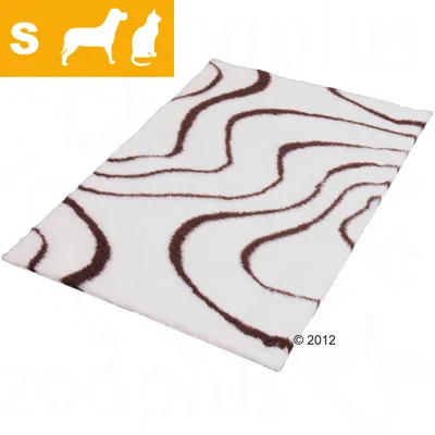 Mata dla psa i kota, rozmiar S, biało-brązowy wzór falisty. Widoczne sylwetki psa i kota oraz litera S w żółtym polu.