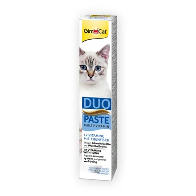 GimCat DUO Paste Multi-Vitamin, 12 vitamins with tuna. No sugar added, without flavour enhancer. Tekst w języku niemieckim i angielskim na opakowaniu.