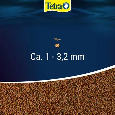 Tetra, ca. 1–3,2 mm; afbeelding van bruin visvoer met zichtbare korrelgrootte en merknaam bovenaan.
