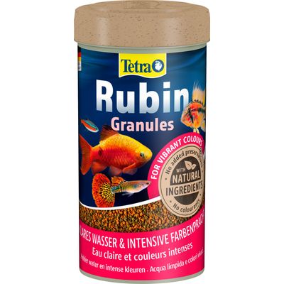 Tetra Rubin Granules, met natuurlijke ingrediënten, zonder kleurstoffen en conserveermiddelen. Helder water & intense kleurpracht.