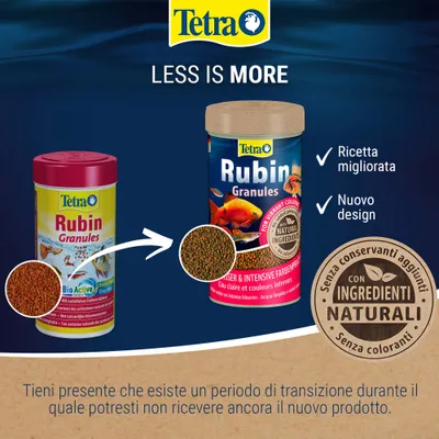 Tetra Rubin Granules: confronto tra il vecchio e il nuovo design, indicazione della ricetta migliorata, nuovo design e componenti naturali senza additivi.