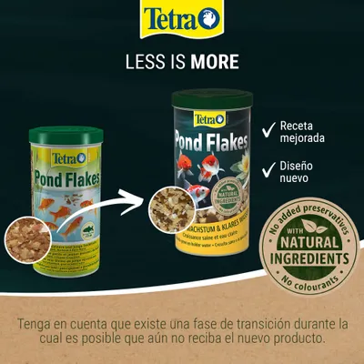 Tetra Pond Flakes diseño antiguo y nuevo, aviso sobre la receta mejorada, nuevo diseño, con ingredientes naturales, sin aditivos ni colorantes. Tetra Pond Flakes diseño antiguo y nuevo, aviso sobre la receta mejorada, nuevo diseño, con ingredientes naturales, sin aditivos ni colorantes.