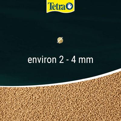 Tetra. Granulés alimentaires d’un diamètre d’environ 2 à 4 mm, texte : environ 2 - 4 mm.