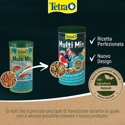 Tetra Multi Mix Mangime per pesci da laghetto, nuovo design e formula migliorata, con componenti naturali, senza aggiunta di conservanti o coloranti.