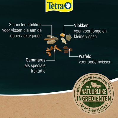 Tetra. 3 soorten sticks voor vissen die dicht bij het wateroppervlak zwemmen, vlokken voor jonge en kleine vissen, gammarus als speciale traktatie, wafels voor bodemvissen. Met natuurlijke ingrediënten.