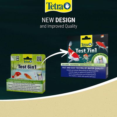 Tetra Test 6in1 and Test 7in1 packaging, note on new design and improved quality, rapid water quality check in 60 seconds.