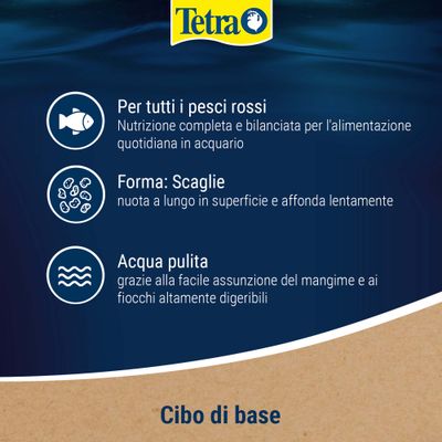 Tetra. Per tutti i pesci rossi: alimentazione completa per la vita quotidiana in acquario. Forma: fiocchi, galleggiano a lungo in superficie e affondano lentamente. Acqua pulita grazie ai fiocchi facilmente digeribili.