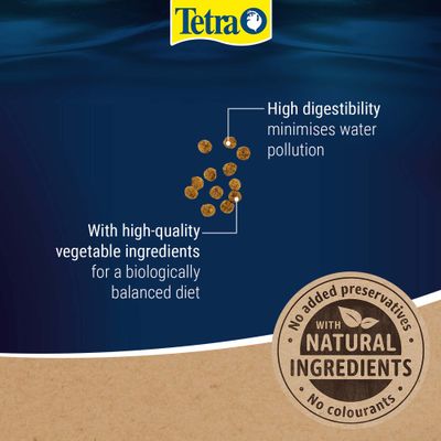 Tetra. High digestibility minimises water pollution. With high-quality plant-based ingredients for a biologically balanced diet. No additives, natural ingredients.