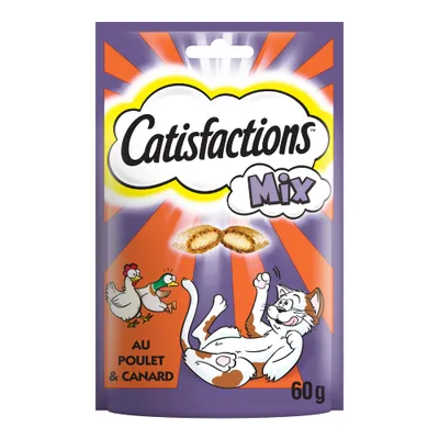 Catisfactions Mix au poulet & canard, sachet de 60 g avec illustrations d’un chat, d’une poule et d’un canard. Trois friandises visibles sur l’emballage. Catisfactions Mix au poulet & canard, sachet de 60 g avec illustrations d’un chat, d’une poule et d’un canard. Trois friandises visibles sur l’emballage.