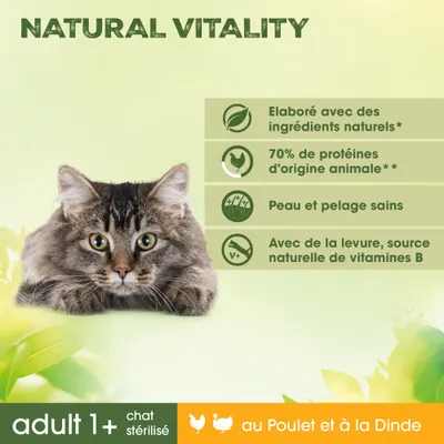 NATURAL VITALITY, élaboré avec des ingrédients naturels, 70 % de protéines d'origine animale, peau et pelage sains, levure source naturelle de vitamines B, adult 1+ chat stérilisé, au Poulet et à la Dinde NATURAL VITALITY, élaboré avec des ingrédients naturels, 70 % de protéines d'origine animale, peau et pelage sains, levure source naturelle de vitamines B, adult 1+ chat stérilisé, au Poulet et à la Dinde