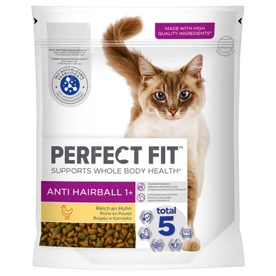 Croquettes chat Perfect Fit Anti Hairball 1+, riche en poulet, réduction des boules de poils, total 5, avec prébiotiques naturels. Texte anglais et allemand visible sur l’emballage. Croquettes chat Perfect Fit Anti Hairball 1+, riche en poulet, réduction des boules de poils, total 5, avec prébiotiques naturels. Texte anglais et allemand visible sur l’emballage.
