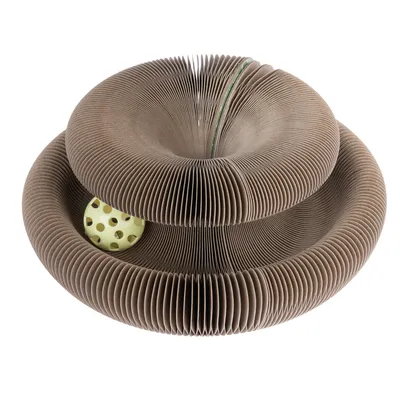 Brown, spiral-shaped paper toy with a yellow ball inside. Suitable for interactive play.