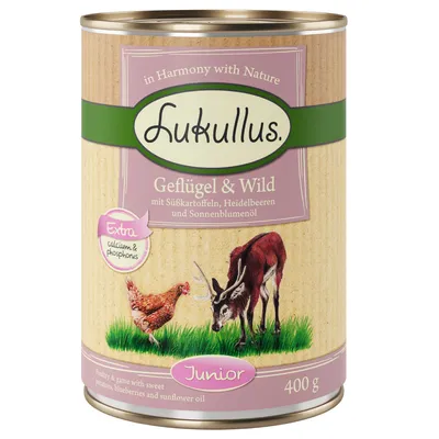 Lukullus Geflügel & Wild Junior, cu cartofi dulci, afine și ulei de floarea-soarelui. Calciu și fosfor suplimentar. Conservă 400g.