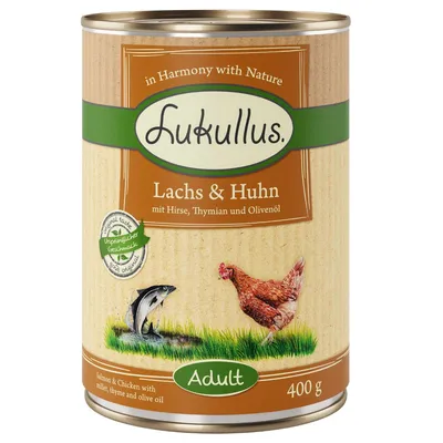 Lukullus łosoś i kurczak z prosem, tymiankiem i oliwą z oliwek. Original Taste, pierwotny smak. Adult, puszka 400 g.