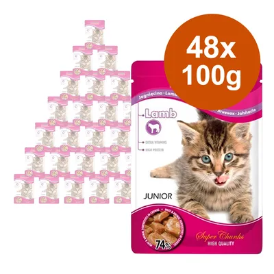 Lamb Junior cat food, 48x100g, with 74% meat content, extra vitamins, high protein. Packaging shows a kitten and product description.