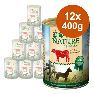 Hundefutter Best Nature Adult, variedad ternera con arroz y aceite de cártamo, composición natural, 12 latas de 400 g.