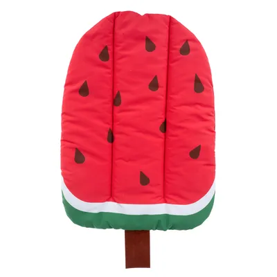 Red cushion shaped like a watermelon ice lolly on a stick with green and white bottom edge and brown stick. Red cushion shaped like a watermelon ice lolly on a stick with green and white bottom edge and brown stick.
