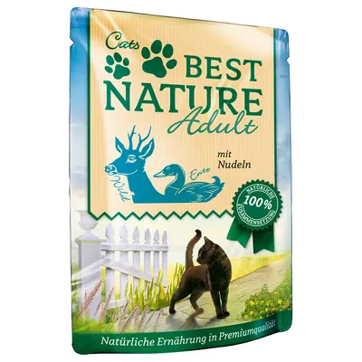 Sachet Best Nature Adult Cats, texte visible : Wild, Ente, mit Nudeln, 100 % natürliche Zusammensetzung, Natürliche Ernährung in Premiumqualität. Texte en allemand.