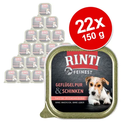 Συσκευασία Rinti Finest Geflügel Pur & Schinken, 22 τεμάχια x 150 g. Ορατό κείμενο: helle Filetstücke, ohne Innereien, ohne Leber.