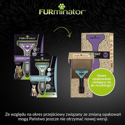 FURminator Undercoat deShedding Tool w starym i nowym opakowaniu. Nowe opakowanie nadaje się do recyklingu. Widoczne rozmiary M/L i S, zdjęcia kota i psa na starych opakowaniach.
