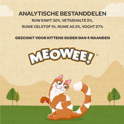 Meowee! Tuna Fillet Strips. Kleine stukjes voor kleine monden, gemaakt met echte tonijn. Zonder kunstmatige kleurstoffen of conserveermiddelen. Vetarm.